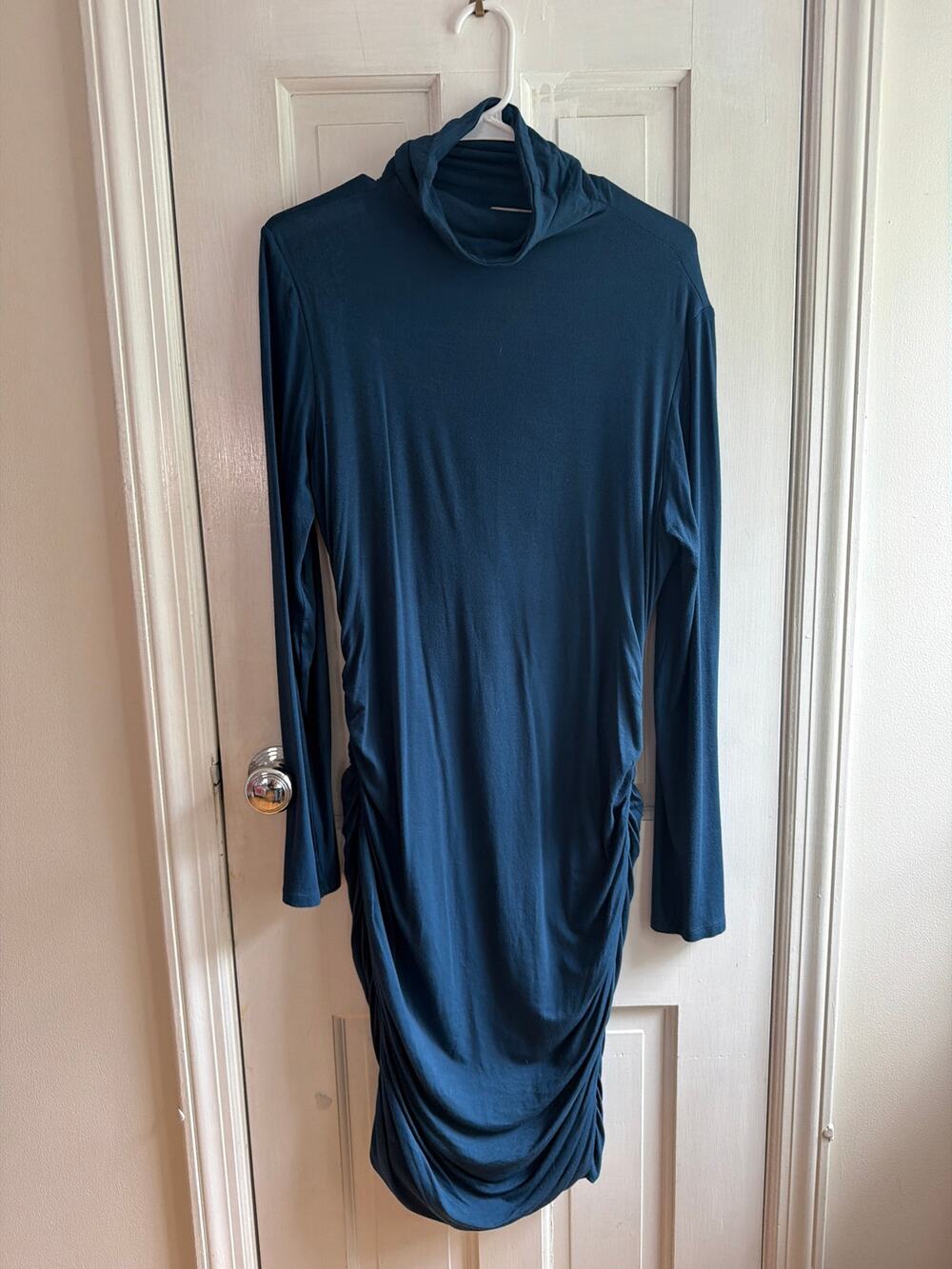 Halogen Size L Teal Blue Scrunched Long Sleeve Mock Neck Dress